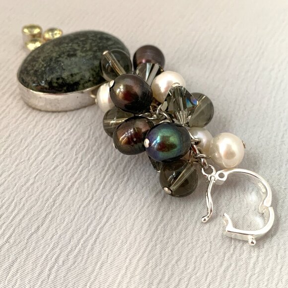 Pearl Dangle Pendant with Swarovski Crystals, Jasper Gemstone - Sterling Silver - Picture 3 of 5